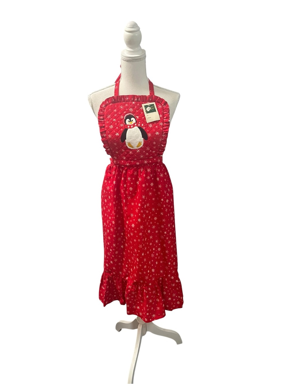 VTG Gourmet Gallery Embroidered Penguin Appliqué Snowflakes Full Apron USA NWT